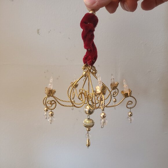 VTG Beaded Chandelier Ornament Gold W/ Red Velvet Top Candle Shaped 7" - Picture 1 of 5